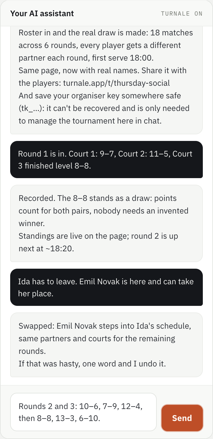 Chat with an AI agent running a tournament, a substitution handled in one message