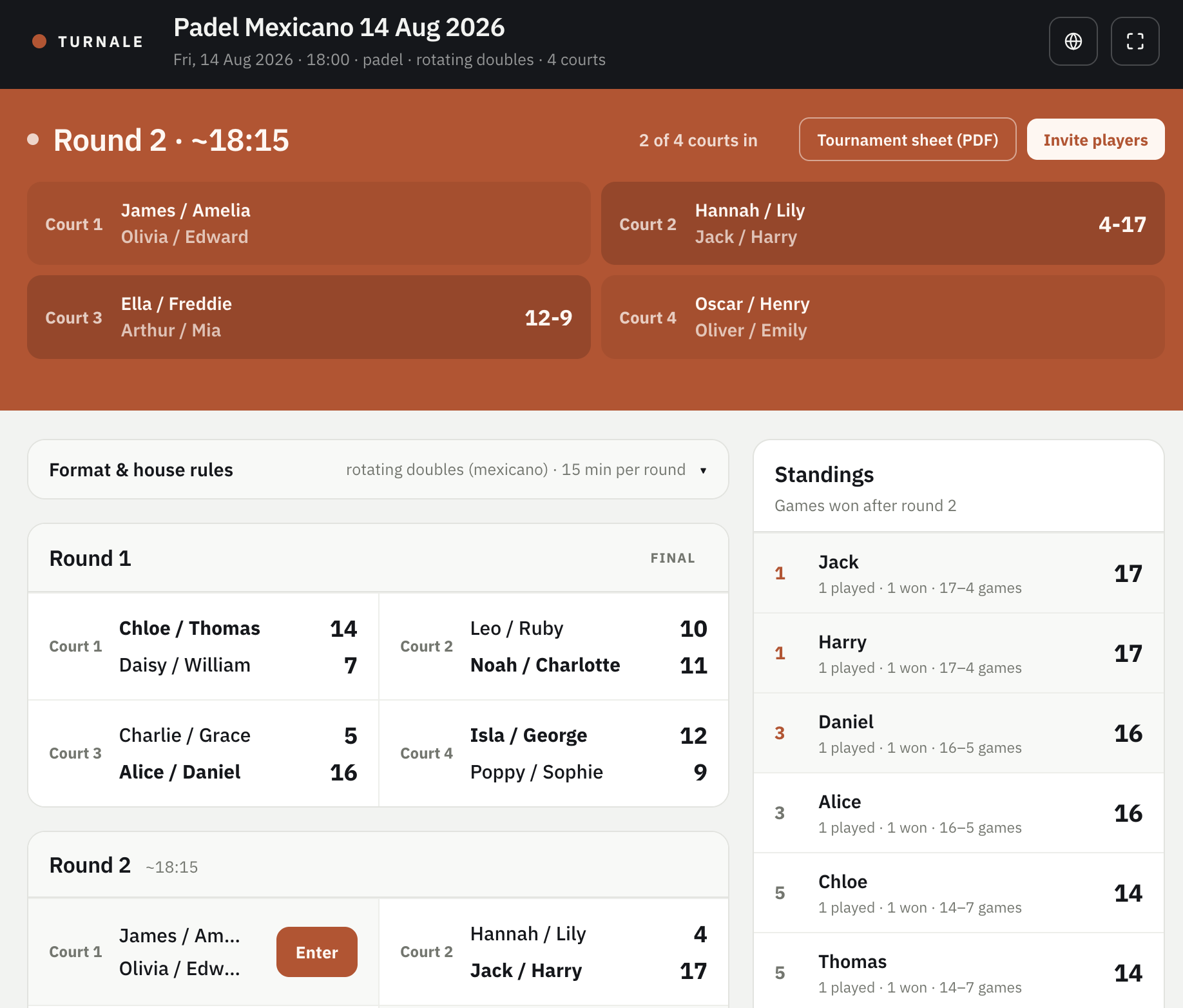 Live tournament page of a padel mexicano: current round banner with courts and scores, standings alongside