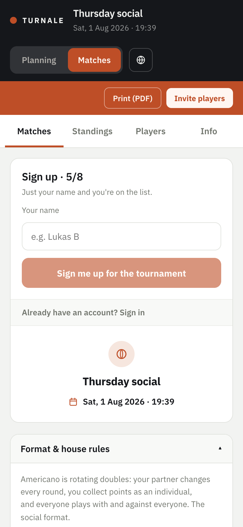 Tournament page where players join themselves from the shared link